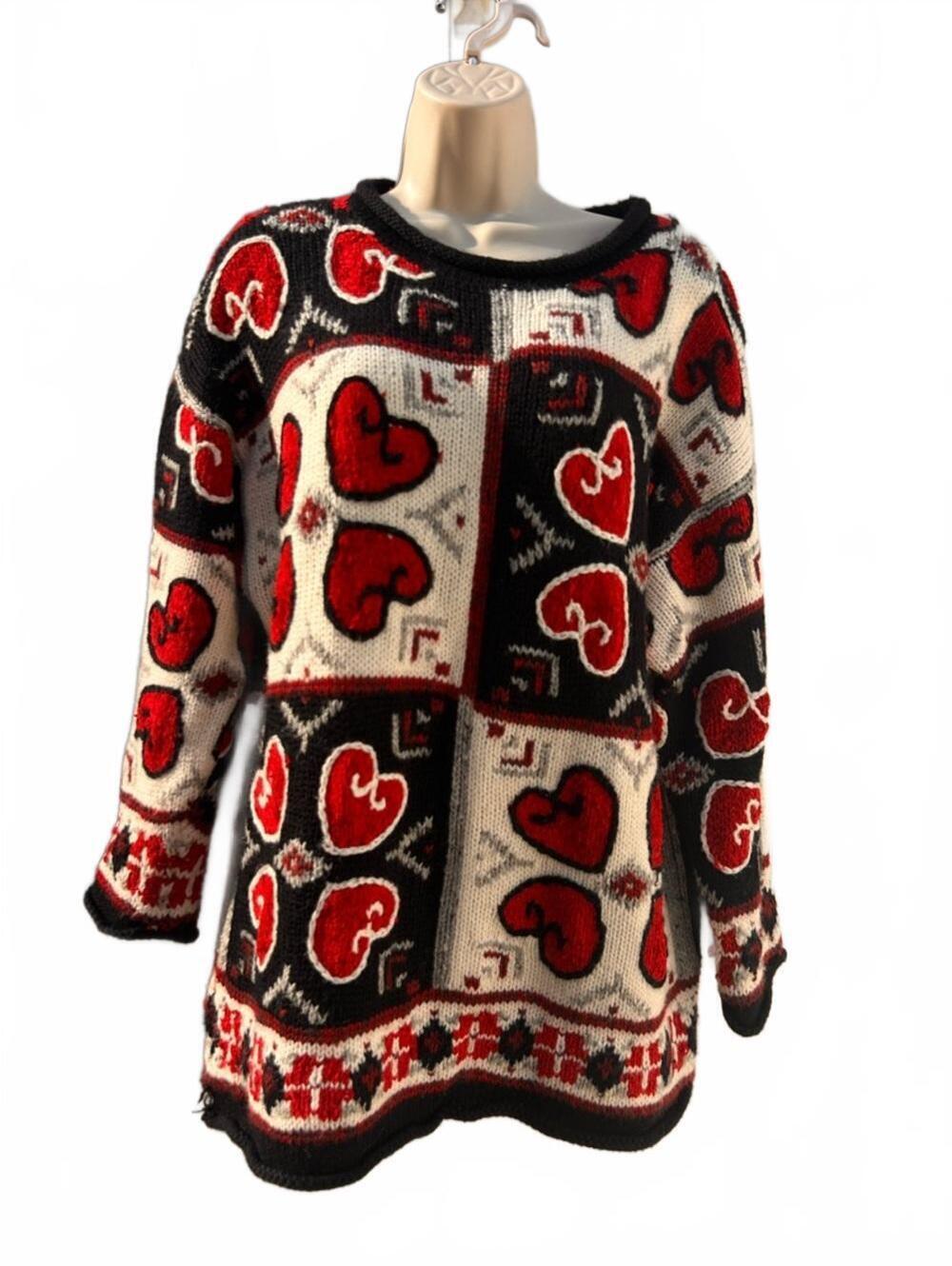 Metropolitan NY Red & Black Heart Pattern Roll-neck Sweater | Oversized Medium